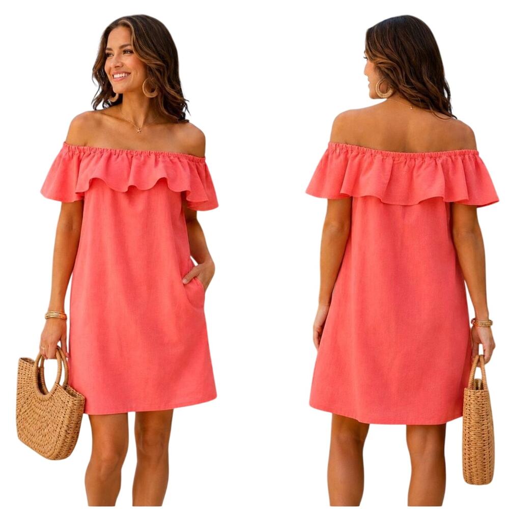 Tommy Bahama Women's St. Lucia Coral off the shoulder dress, linen blend, XXS